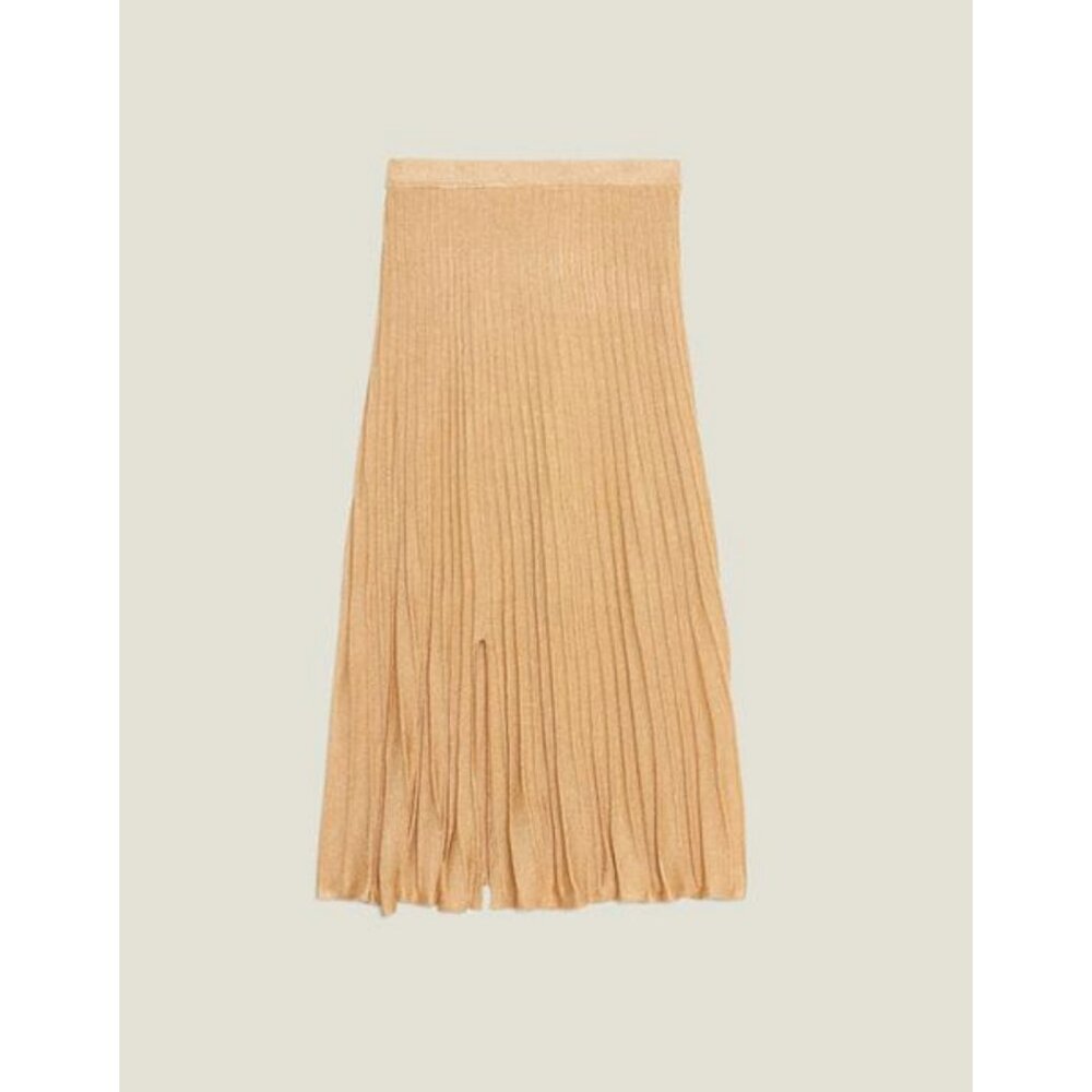 Sandro Emanuelle Metallic Knitted Midi Skirt Pleated High Rise Waisted Slit Gold - Picture 4 of 9